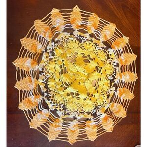 Handmade 16” doily orange yellow spiral retro inspired 70’s